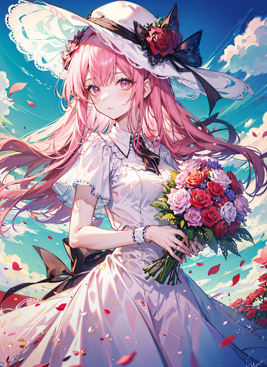 00203-1436051550-((masterpiece, best quality)), 1girl, flower, solo, dress, holding, sky, cloud, hat, outdoors, bangs, bouquet, rose, expressionl.png